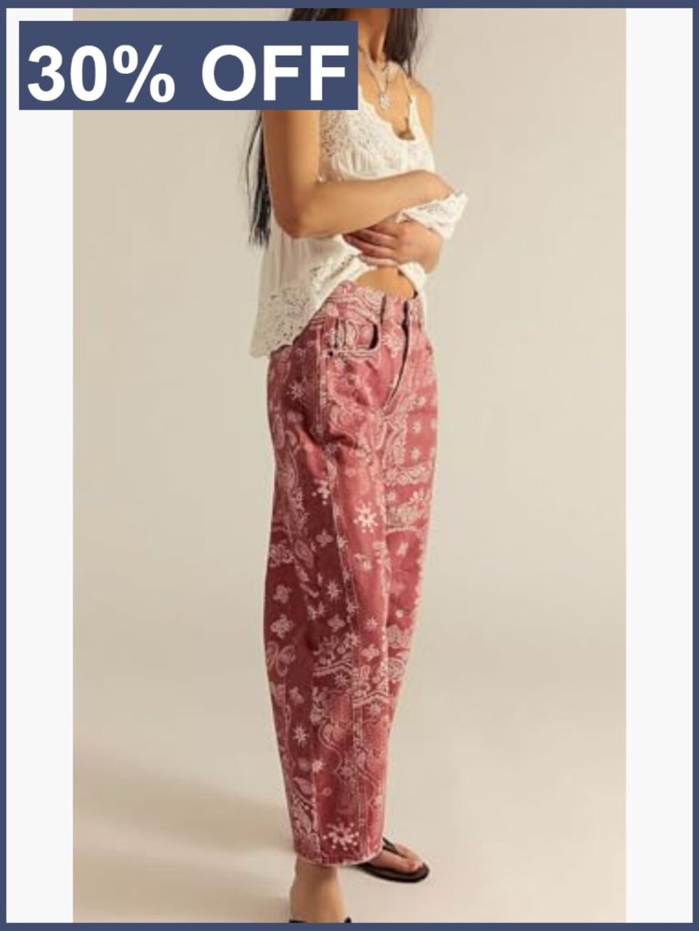Boyfriend Baggy Barrel Jeans Floral Print Denim Ankle Pants Wide Leg Mid Rise - Picture 5 of 7